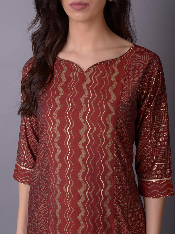 Women Maroon Ornamental Printed Kurta Trouser Dupatta.