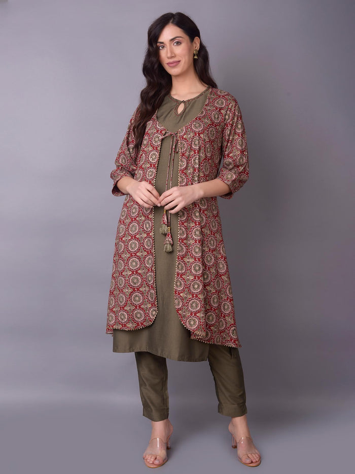Women Maroon Ornamental Printed Kurta Trouser Jacket.