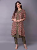 Women Maroon Ornamental Printed Kurta Trouser Jacket.