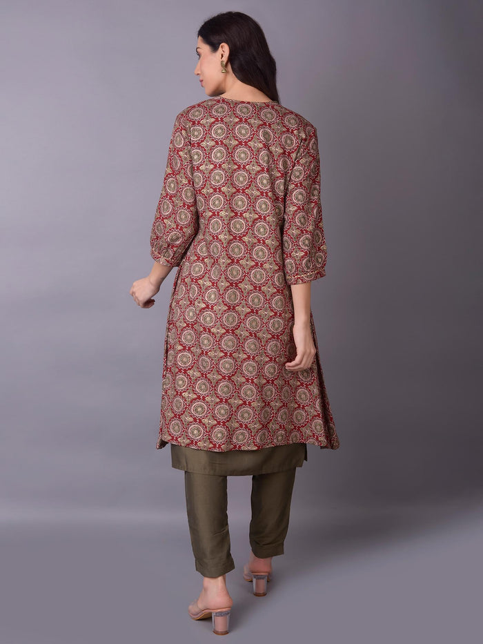 Women Maroon Ornamental Printed Kurta Trouser Jacket.