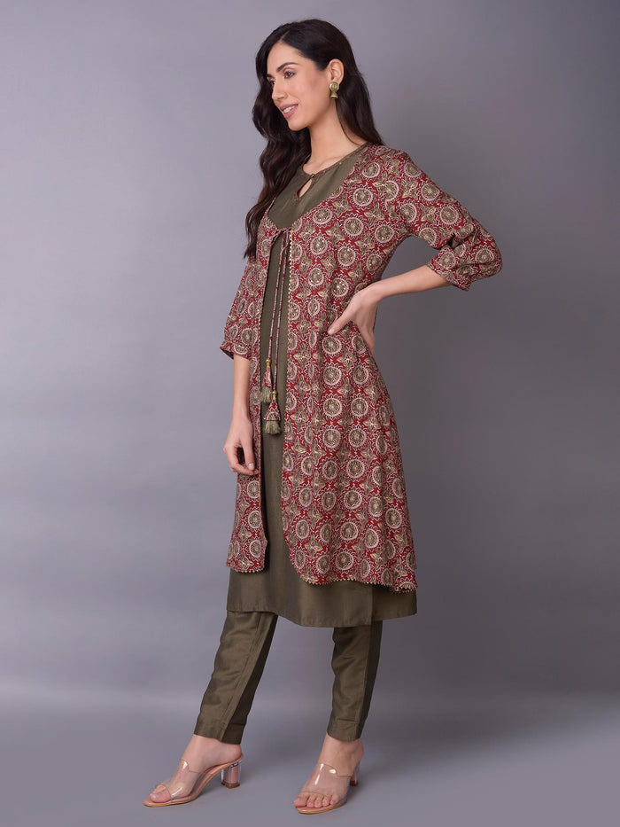 Women Maroon Ornamental Printed Kurta Trouser Jacket.