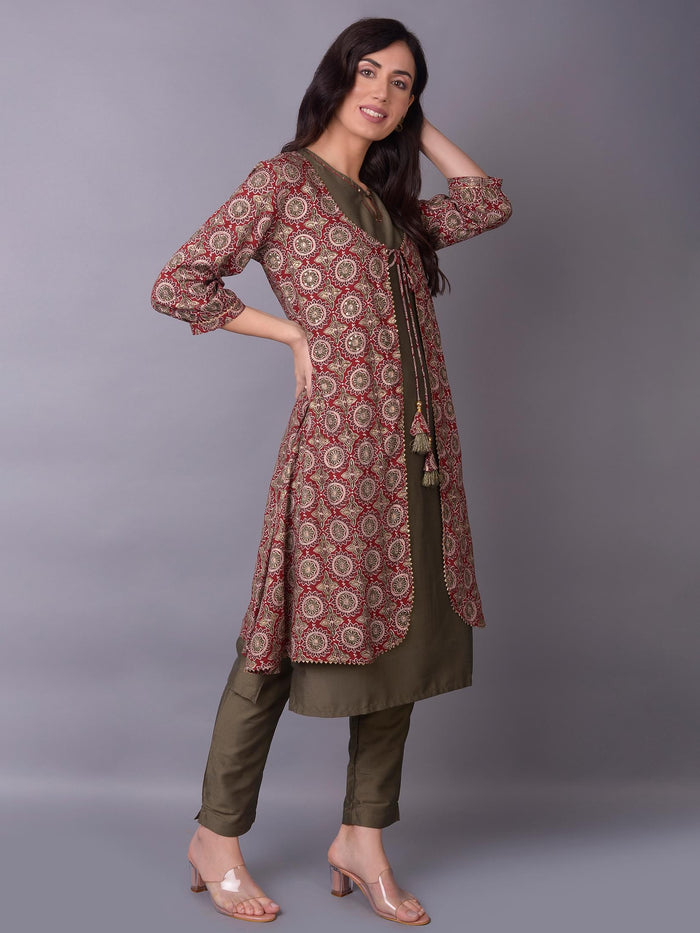 Women Maroon Ornamental Printed Kurta Trouser Jacket.