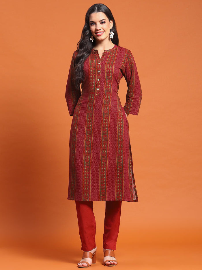 Women Maroon Stripe Print Kurta.