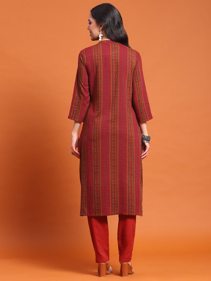 Women Maroon Stripe Print Kurta.