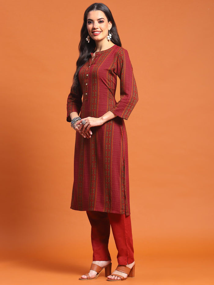 Women Maroon Stripe Print Kurta.