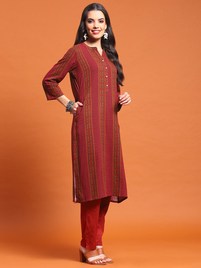 Women Maroon Stripe Print Kurta.