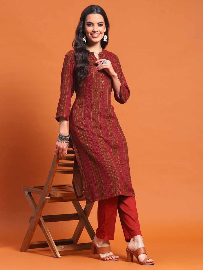 Women Maroon Stripe Print Kurta.