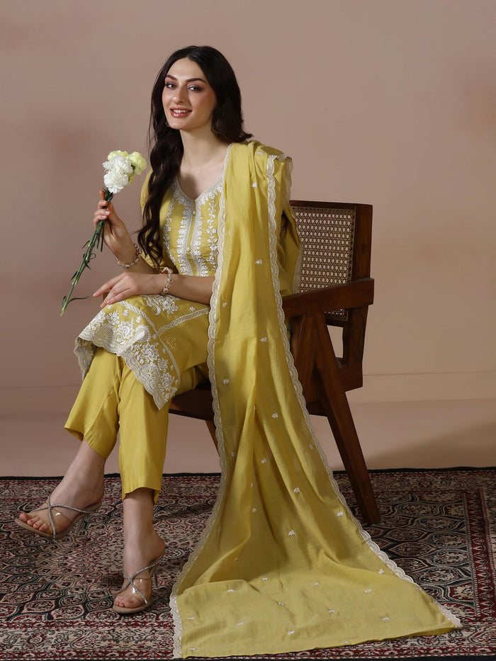 Women Mul Chanderi Mustard Embroidered Kurta Comfort Pant Dupatta.