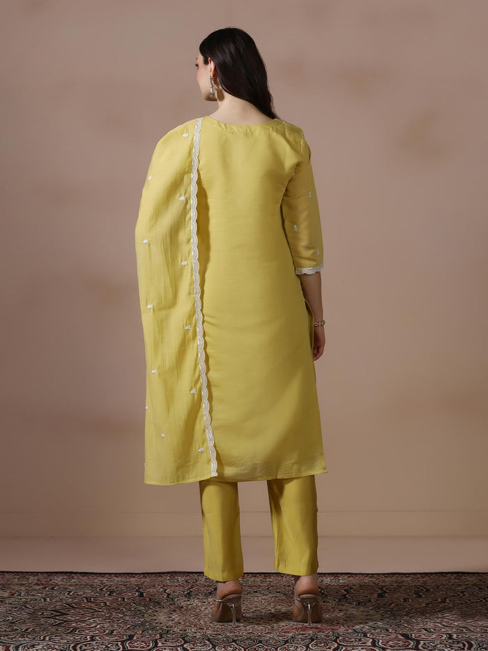 Women Mul Chanderi Mustard Embroidered Kurta Comfort Pant Dupatta.
