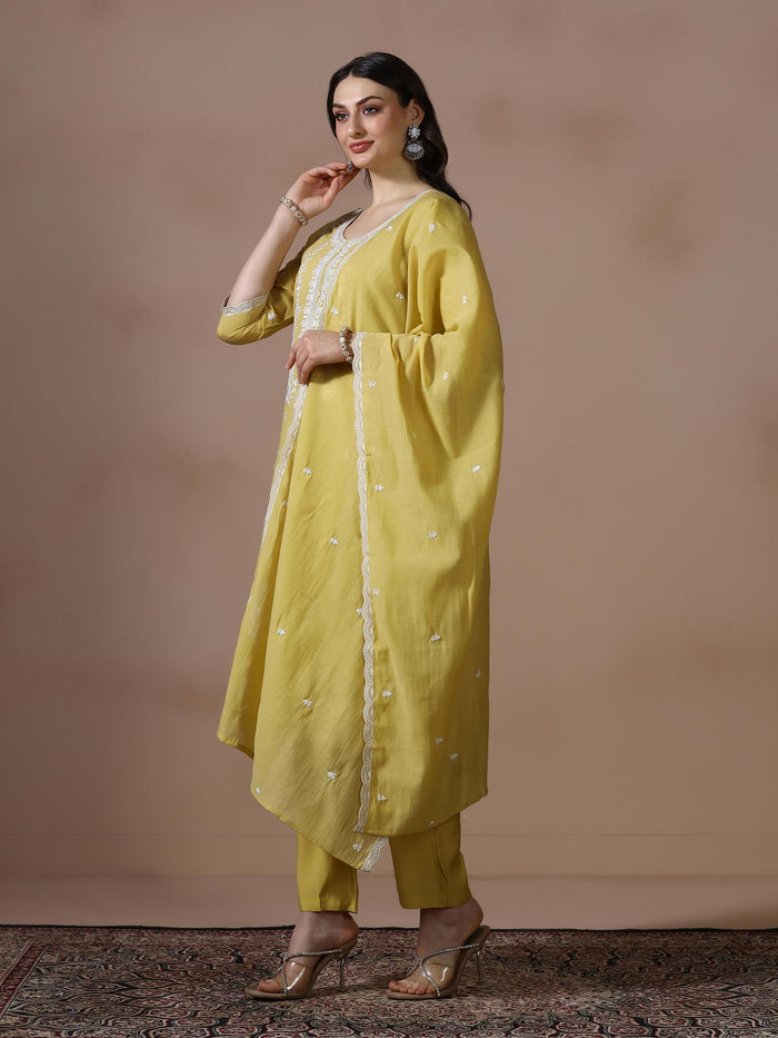 Women Mul Chanderi Mustard Embroidered Kurta Comfort Pant Dupatta.