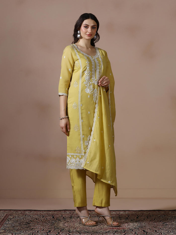 Women Mul Chanderi Mustard Embroidered Kurta Comfort Pant Dupatta.