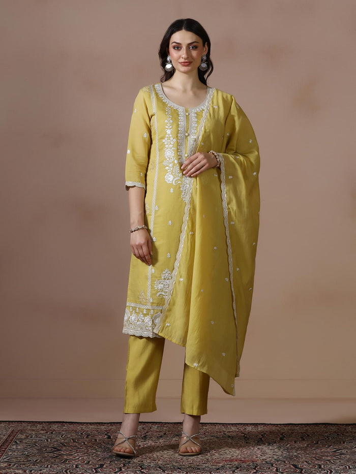 Women Mul Chanderi Mustard Embroidered Kurta Comfort Pant Dupatta.