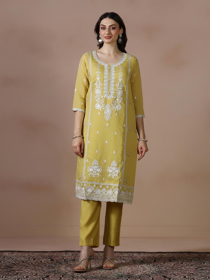 Women Mul Chanderi Mustard Embroidered Kurta Comfort Pant Dupatta.