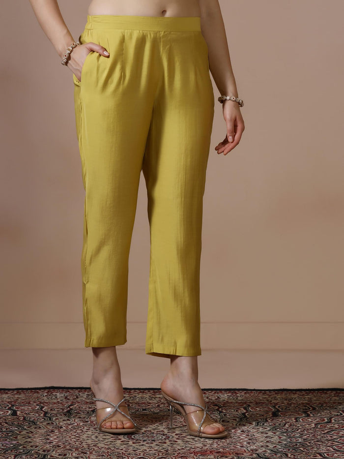 Women Mul Chanderi Mustard Embroidered Kurta Comfort Pant Dupatta.
