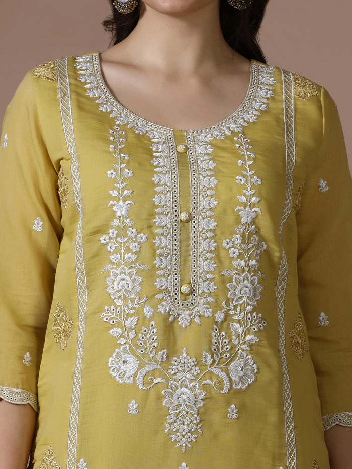 Women Mul Chanderi Mustard Embroidered Kurta Comfort Pant Dupatta.