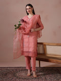 Women Mul Chanderi Peach Embroidered Kurta Trouser Dupatta.
