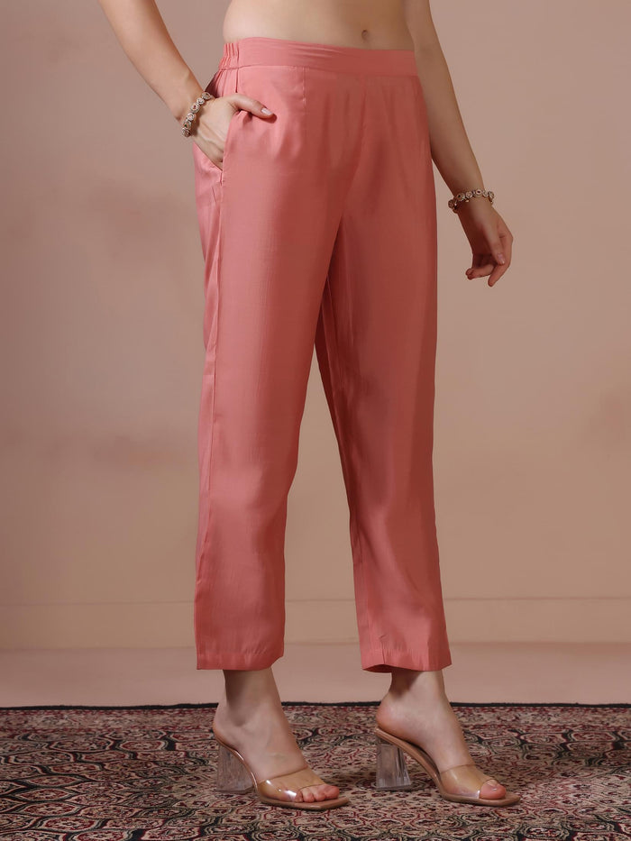 Women Mul Chanderi Peach Embroidered Kurta Trouser Dupatta.