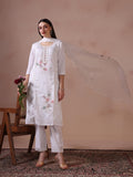 Women Mul Chanderi White Embroidered Kurta Trouser Dupatta.
