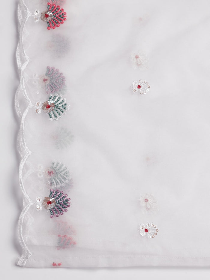 Women Mul Chanderi White Embroidered Kurta Trouser Dupatta.
