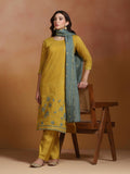 Women Mull Chanderi Mustard Embroidered Kurta Comfort Pant Dupatta.