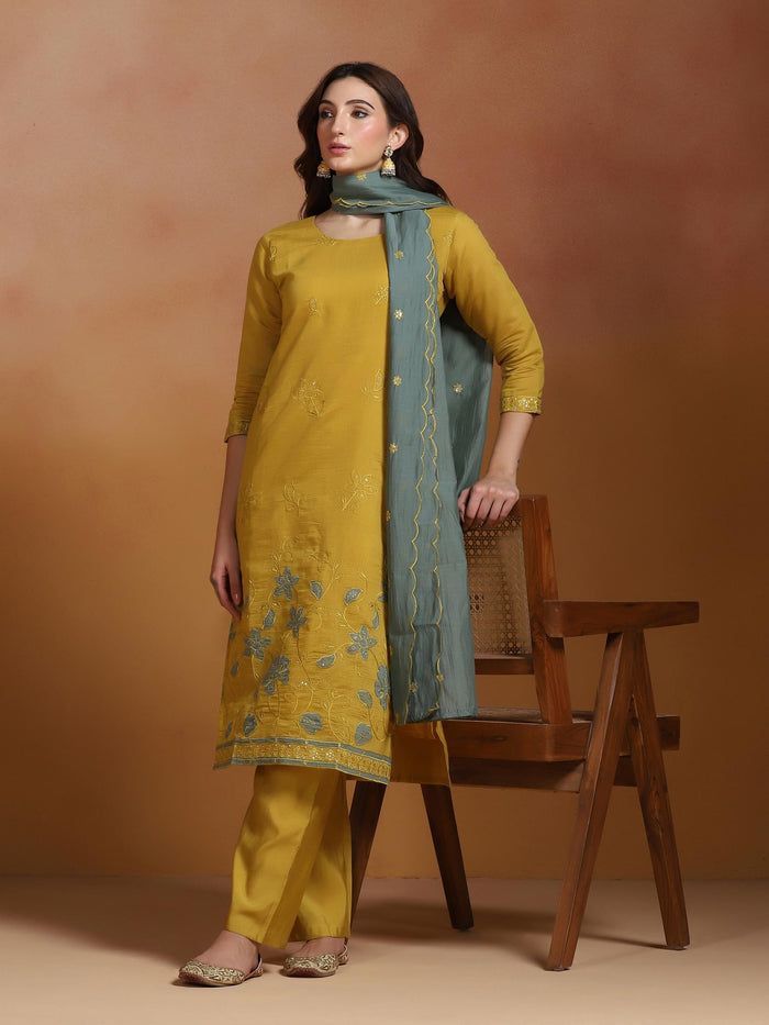 Women Mull Chanderi Mustard Embroidered Kurta Comfort Pant Dupatta.
