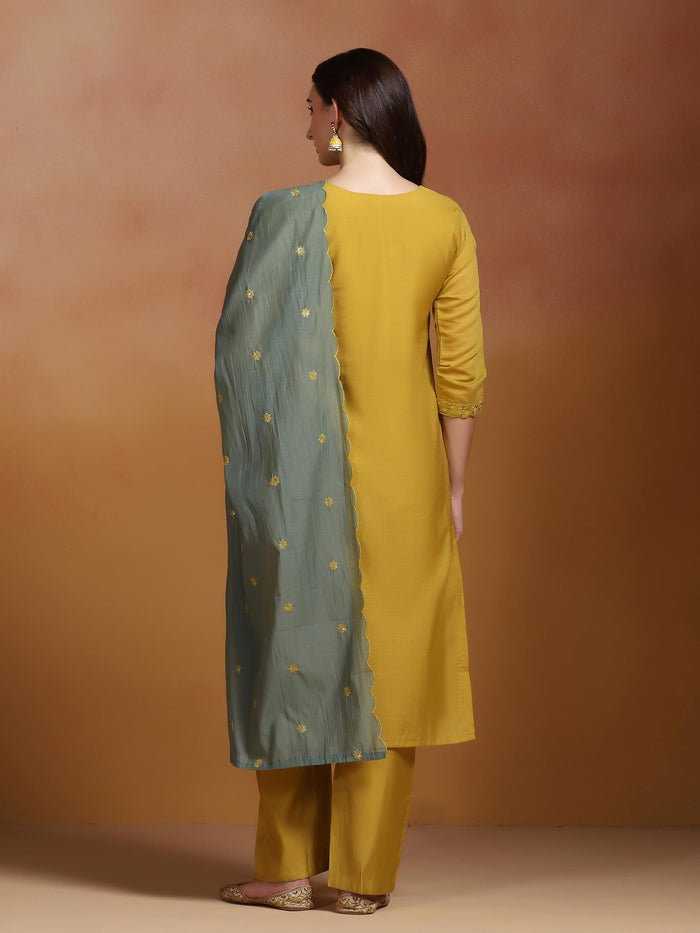 Women Mull Chanderi Mustard Embroidered Kurta Comfort Pant Dupatta.