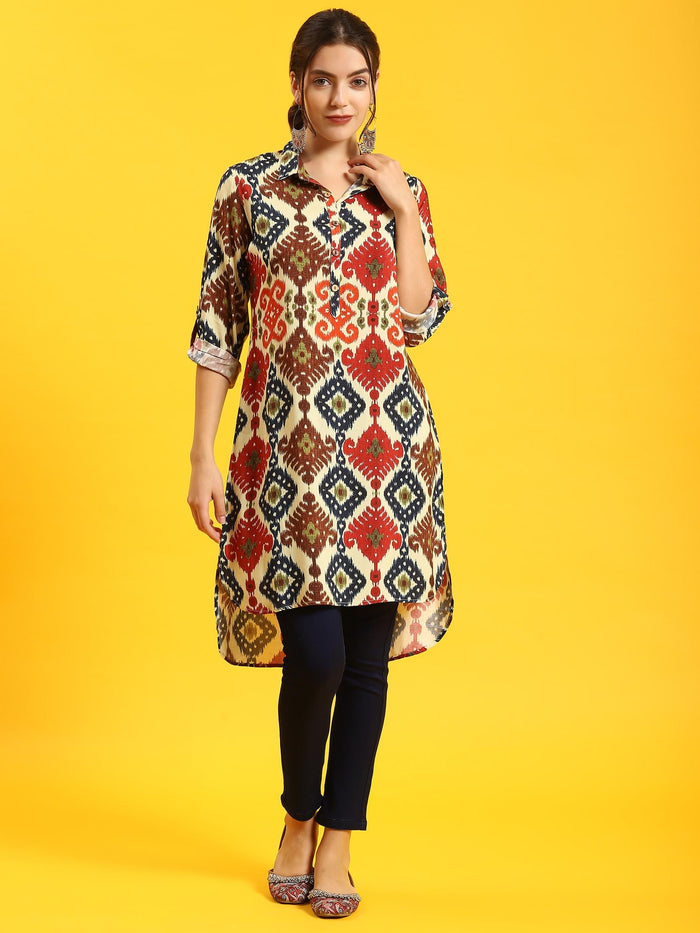 Women Multicolor Ikat Print Kurta.