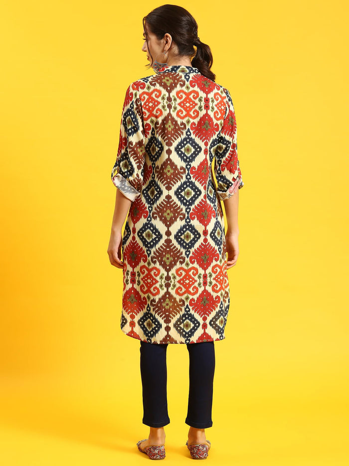 Women Multicolor Ikat Print Kurta.