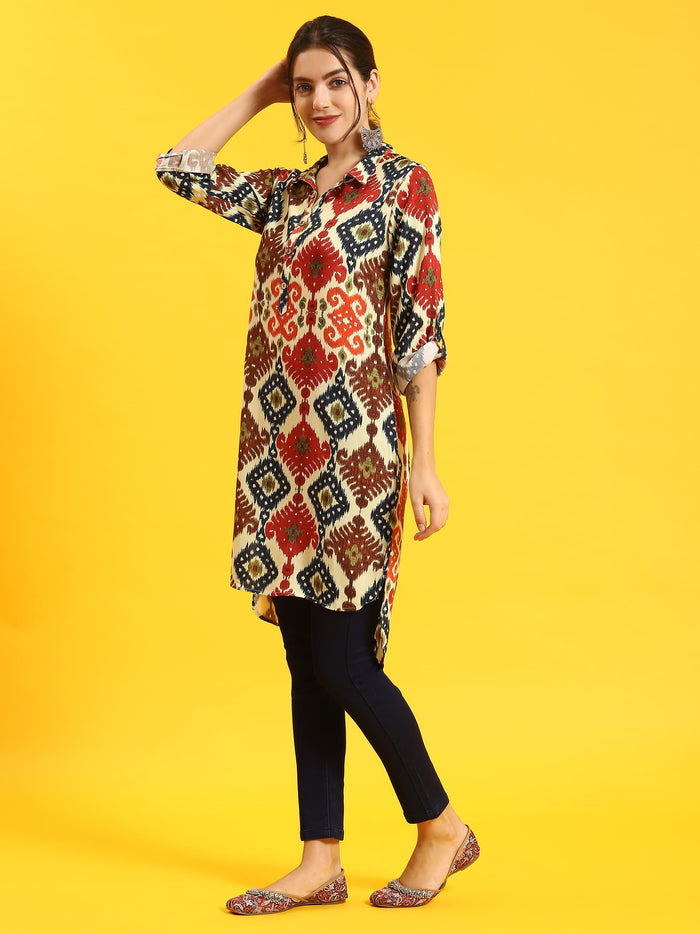 Women Multicolor Ikat Print Kurta.