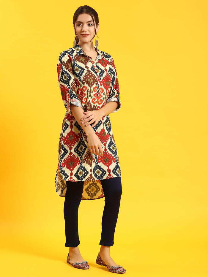 Women Multicolor Ikat Print Kurta.
