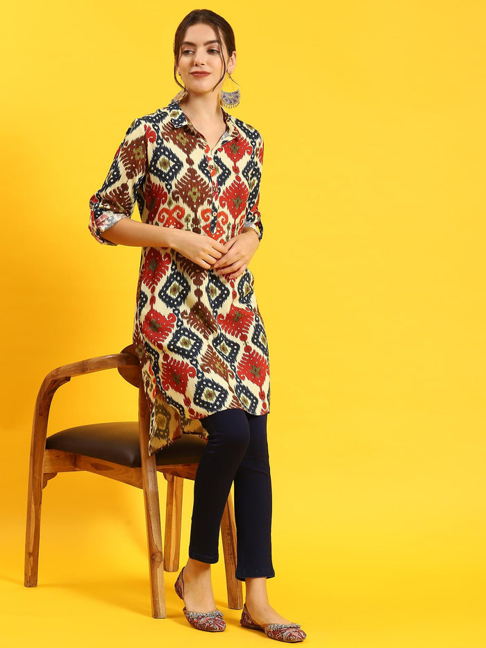 Women Multicolor Ikat Print Kurta.