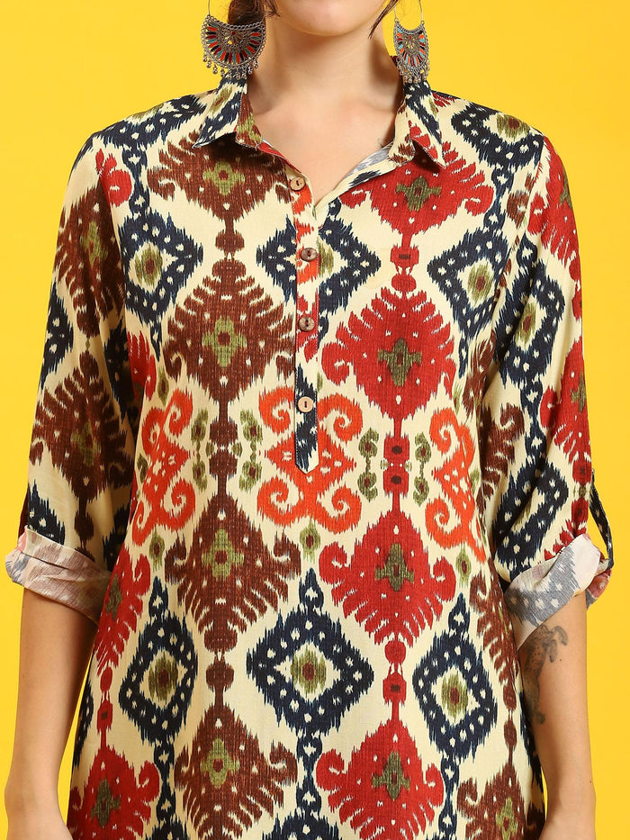 Women Multicolor Ikat Print Kurta.