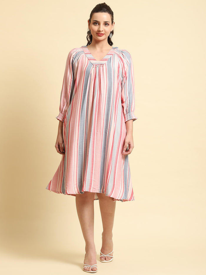 Women Multicolor Stripe Printed Short Dress.