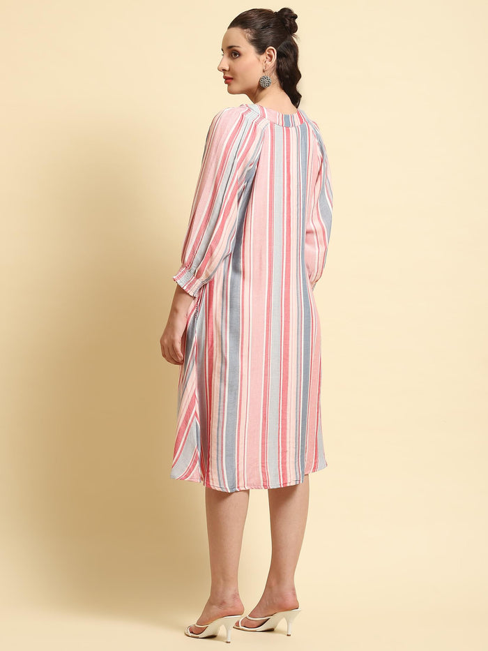 Women Multicolor Stripe Printed Short Dress.