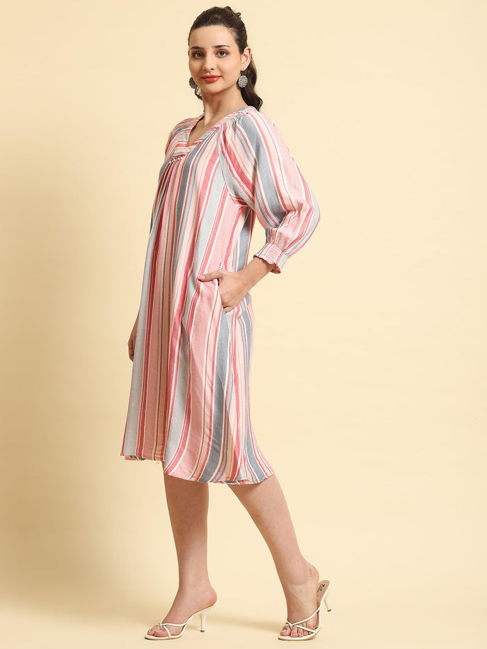 Women Multicolor Stripe Printed Short Dress.