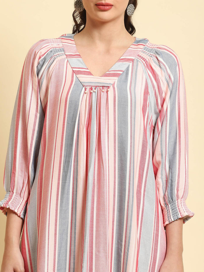 Women Multicolor Stripe Printed Short Dress.