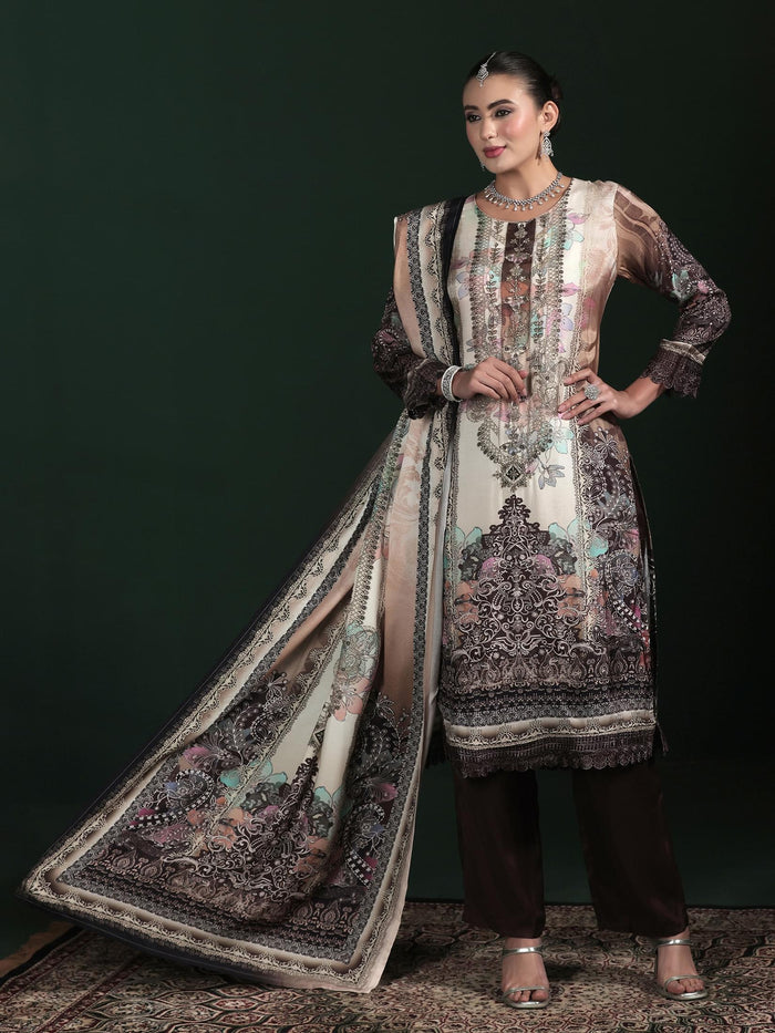 Women Muslin Beige Printed Kurta Comfort Pant Dupatta.