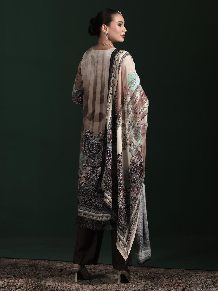 Women Muslin Beige Printed Kurta Comfort Pant Dupatta.