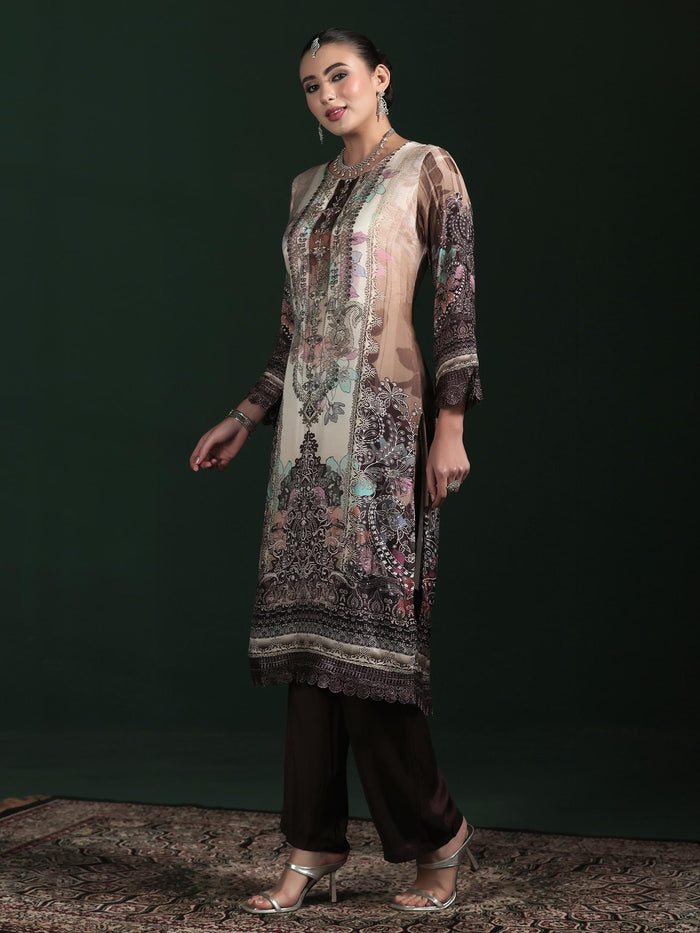 Women Muslin Beige Printed Kurta Comfort Pant Dupatta.