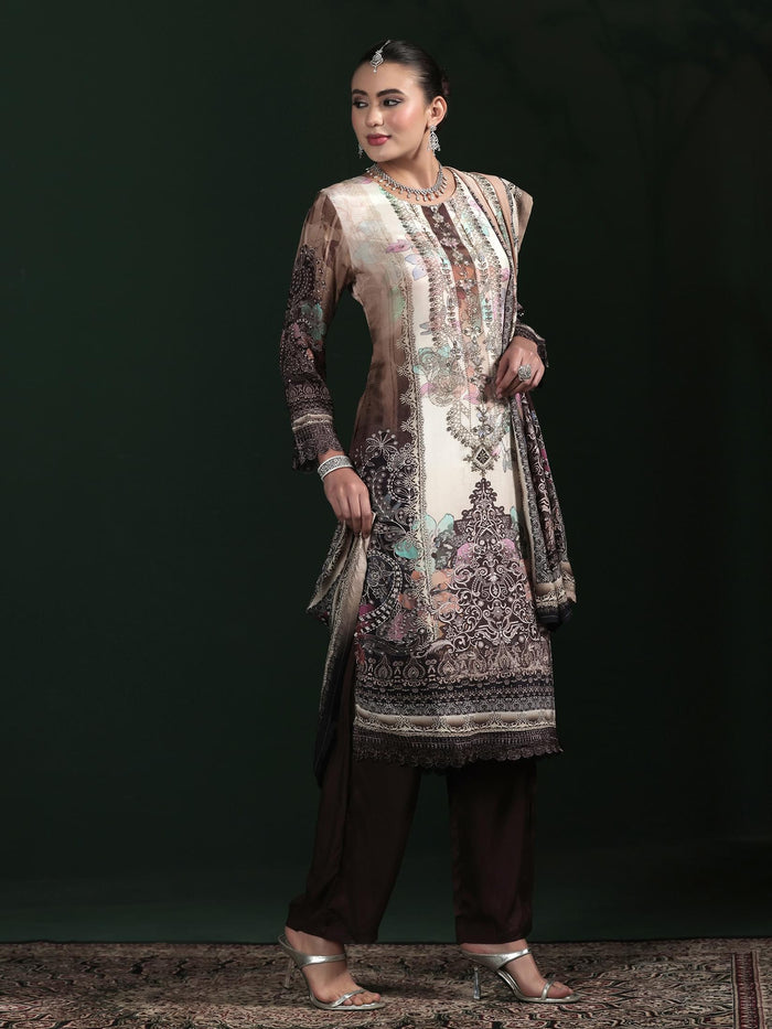 Women Muslin Beige Printed Kurta Comfort Pant Dupatta.