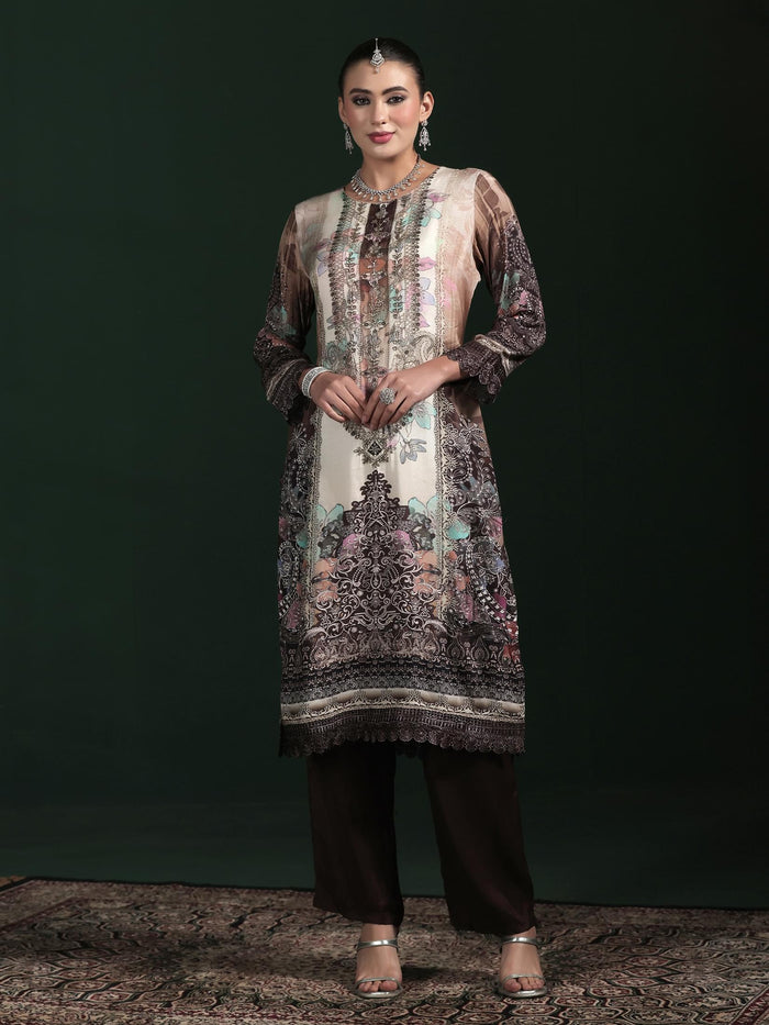 Women Muslin Beige Printed Kurta Comfort Pant Dupatta.