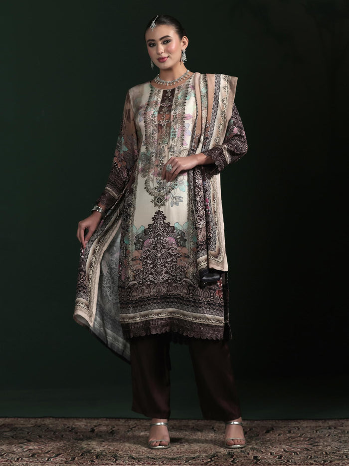 Women Muslin Beige Printed Kurta Comfort Pant Dupatta.