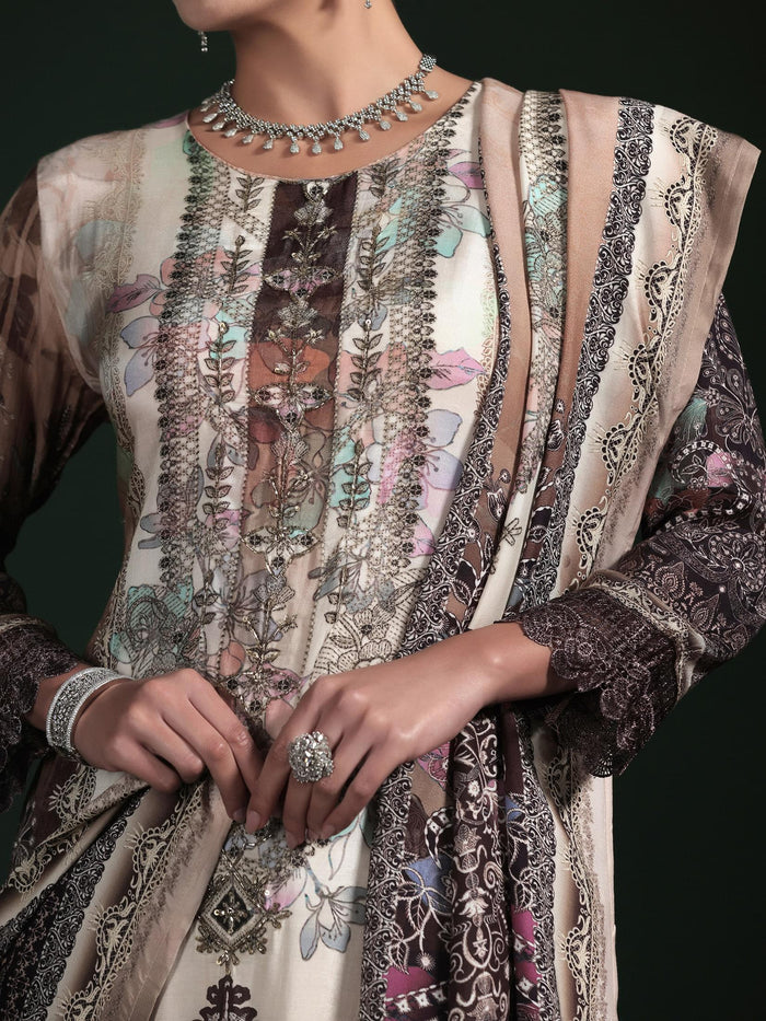 Women Muslin Beige Printed Kurta Comfort Pant Dupatta.