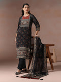 Women Muslin Black Ajrakh Print Kurta Comfort Pant Dupatta.