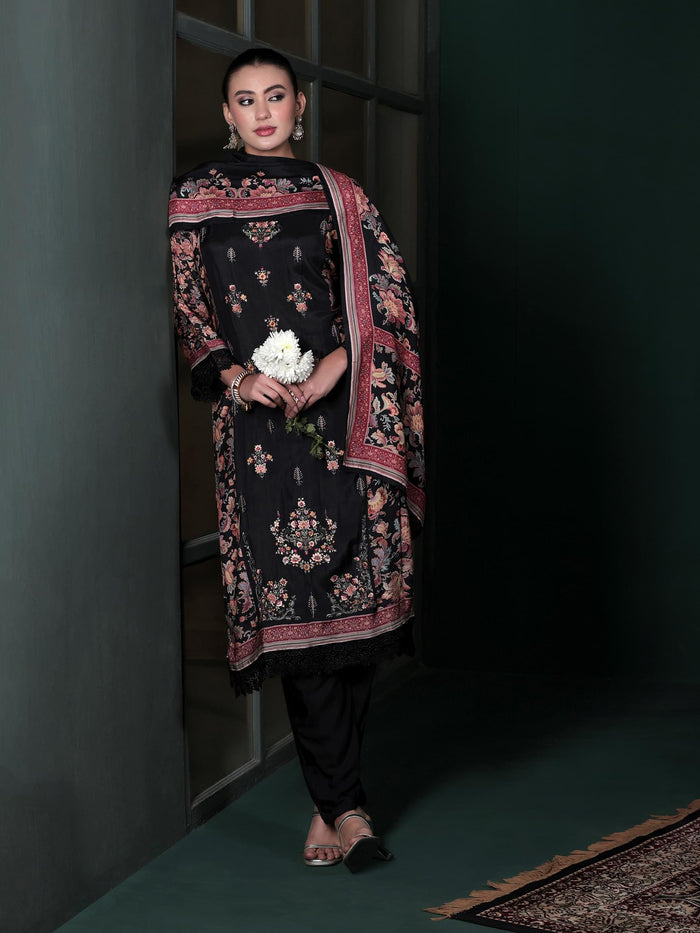 Women Muslin Black Embroidered Kurta Comfort Pant Dupatta.