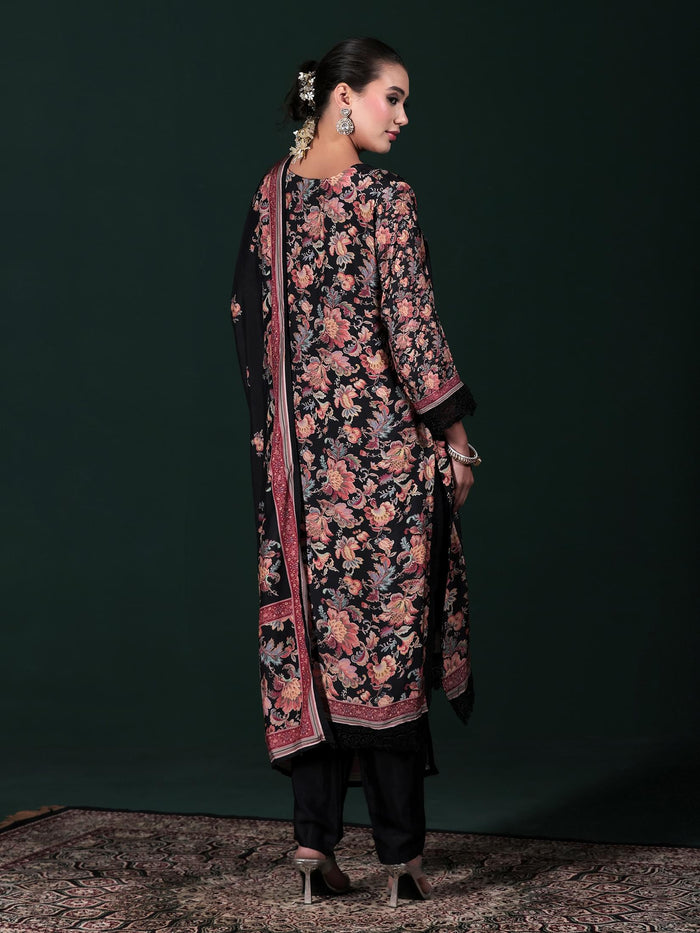 Women Muslin Black Embroidered Kurta Comfort Pant Dupatta.