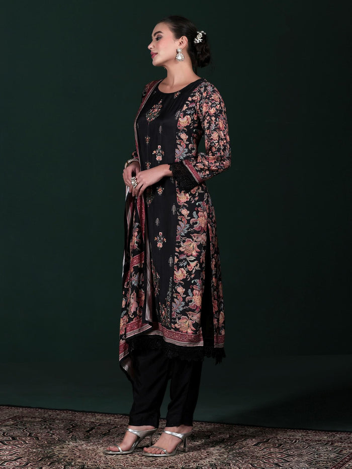 Women Muslin Black Embroidered Kurta Comfort Pant Dupatta.