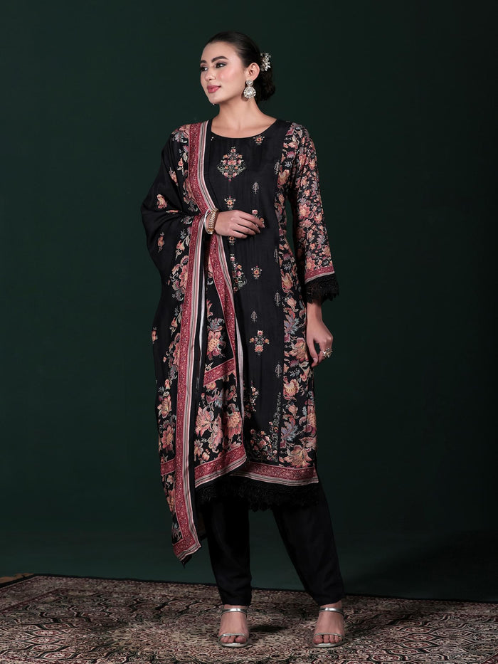Women Muslin Black Embroidered Kurta Comfort Pant Dupatta.