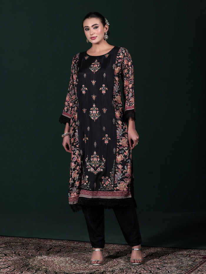 Women Muslin Black Embroidered Kurta Comfort Pant Dupatta.