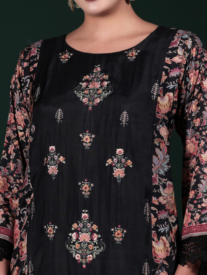 Women Muslin Black Embroidered Kurta Comfort Pant Dupatta.